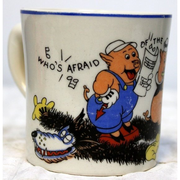 VTG 1930s Walt Disney Three Little Pigs Small Mug Patriot China Wolf Music Dance - Picture 1 of 10